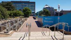 Shows front steps at Bournemouth university